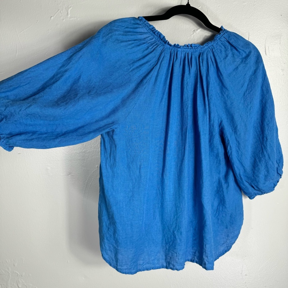J JILL 100% linen blue Boho blouse puff sleeve boho top oversized loose fit XS - Picture 8 of 10